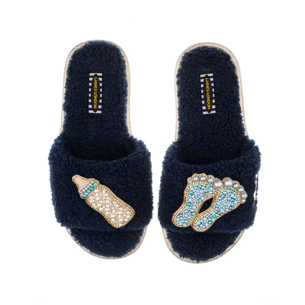 Laines London Teddy Towelling Slipper Sliders With New Baby Boy Brooches
