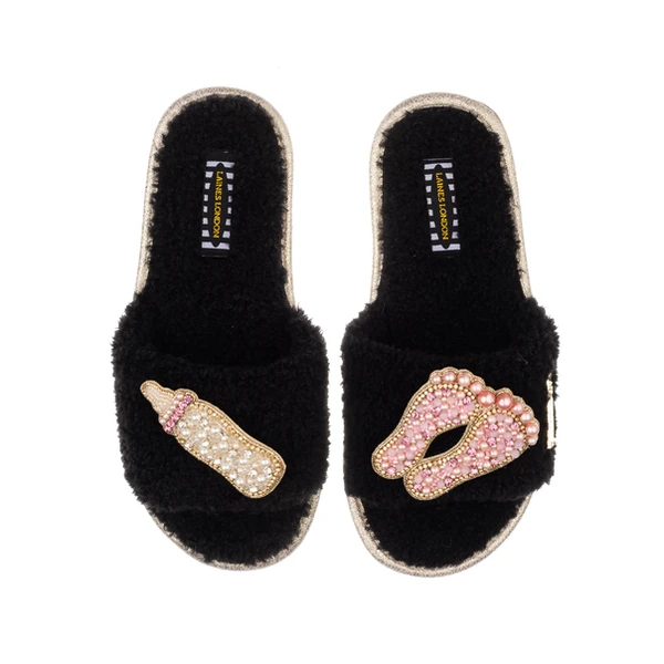Laines London Teddy Towelling Slipper Sliders With New Baby Girl Brooches