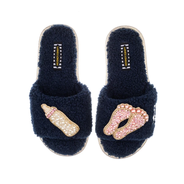 laines london Teddy Towelling Slipper Sliders With New Baby Girl Brooches