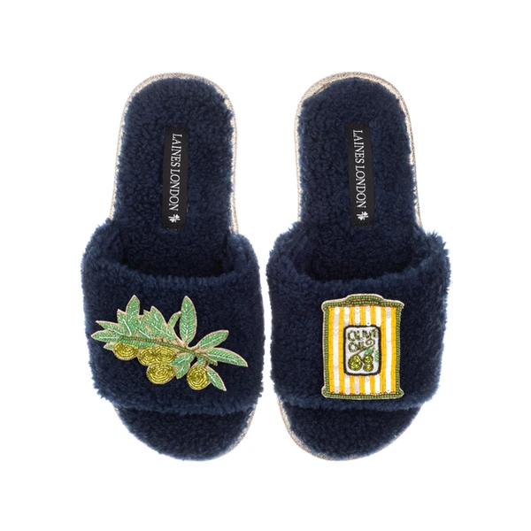 Laines London Teddy Towelling Slipper Sliders With Olives & Olive Oil Brooches