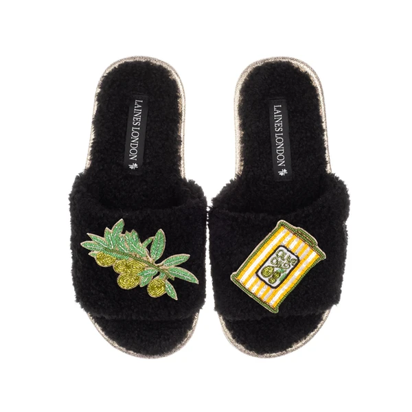 laines london Teddy Towelling Slipper Sliders With Olives & Olive Oil Brooches