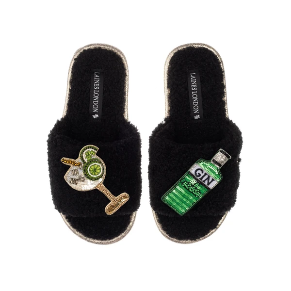 Laines London Teddy Towelling Slipper Sliders With Original Gin Brooches