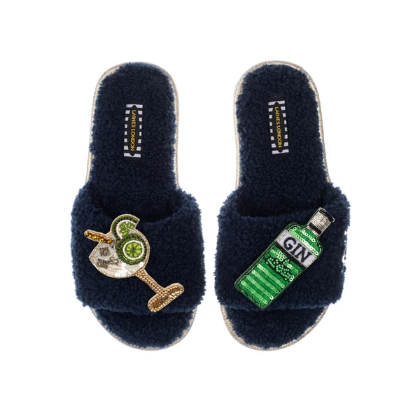 laines london Teddy Towelling Slipper Sliders With Original Gin Brooches