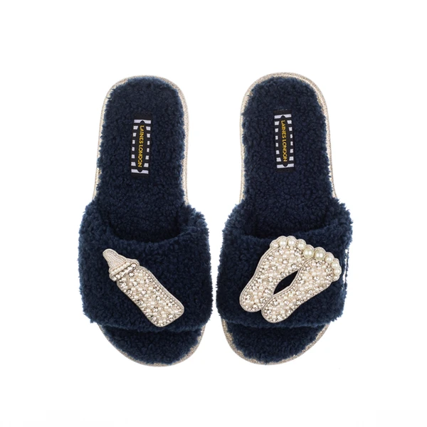 Laines London Teddy Towelling Slipper Sliders With Pearl New Baby Brooches