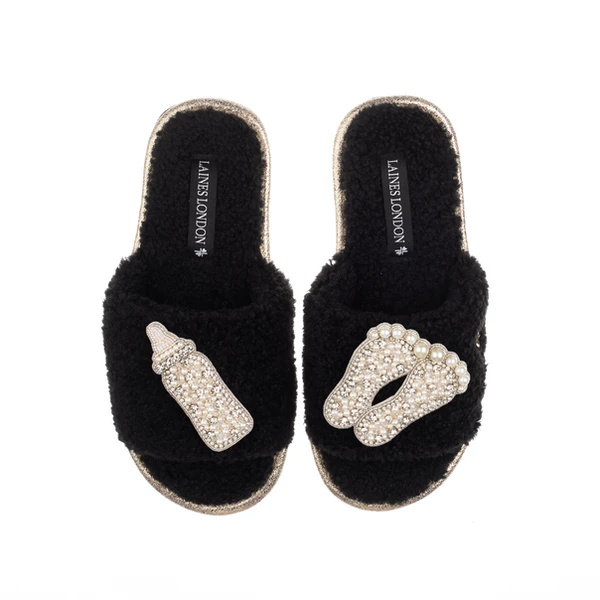 Laines London Teddy Towelling Slipper Sliders With Pearl New Baby Brooches