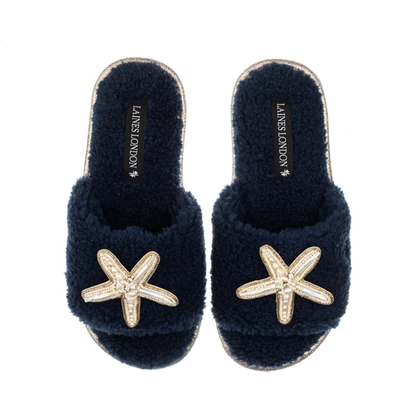 Laines London Teddy Towelling Slipper Sliders With Pearl Starfish Brooches