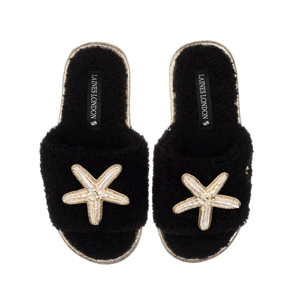 Laines London Teddy Towelling Slipper Sliders With Pearl Starfish Brooches