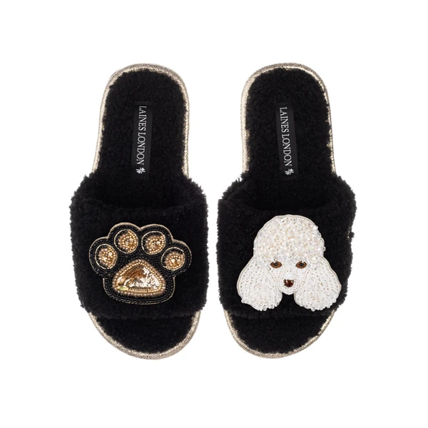Laines London Teddy Towelling Slipper Sliders With Pearl The Poodle & Paw Brooches