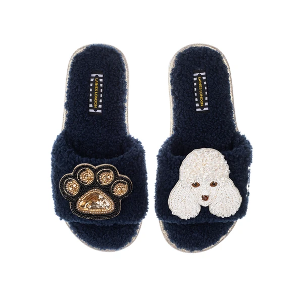Laines London Teddy Towelling Slipper Sliders With Pearl The Poodle & Paw Brooches