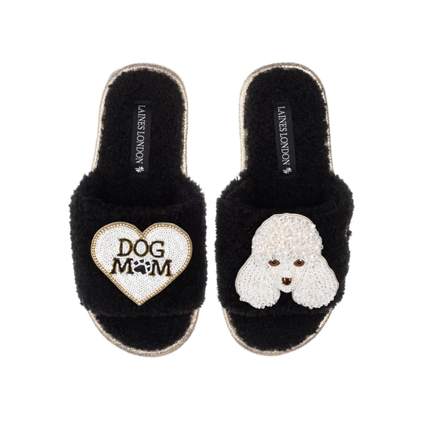 Laines London Teddy Towelling Slipper Sliders With Pearl The Poodle & Dog Mum / Mom Brooches