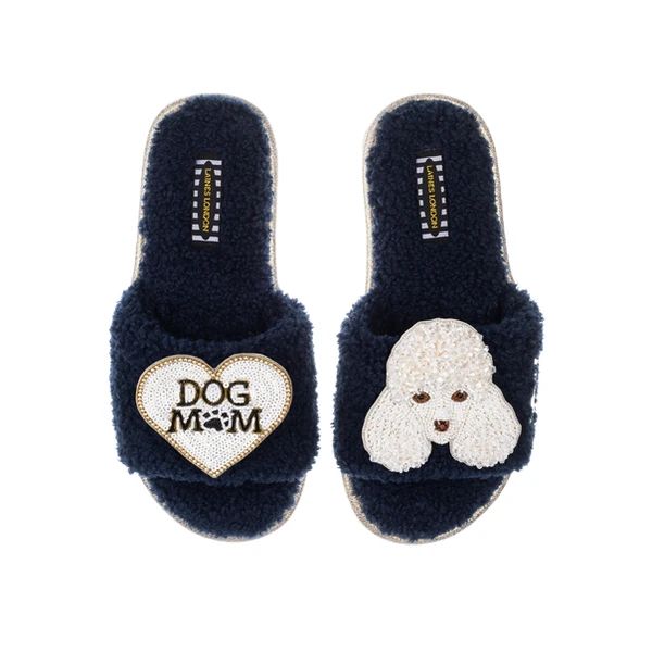 laines london Teddy Towelling Slipper Sliders With Pearl The Poodle & Dog Mum / Mom Brooches