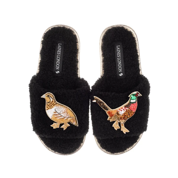 Laines London Teddy Towelling Slipper Sliders With Pheasant & Hen Brooches