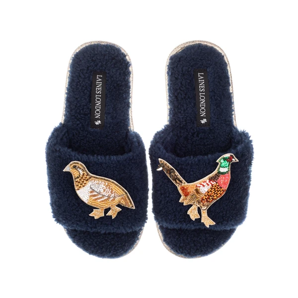Laines London Teddy Towelling Slipper Sliders With Pheasant & Hen Brooches