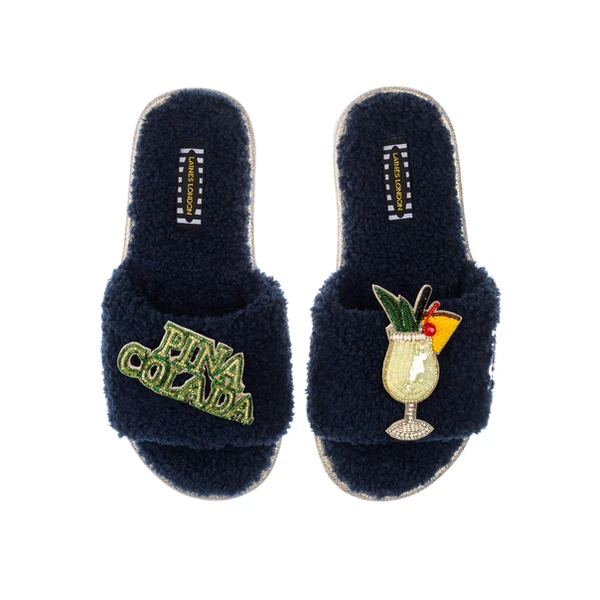 Laines London Teddy Towelling Slipper Sliders With Pina Colada Brooches