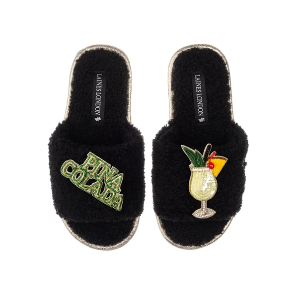 Laines London Teddy Towelling Slipper Sliders With Pina Colada Brooches