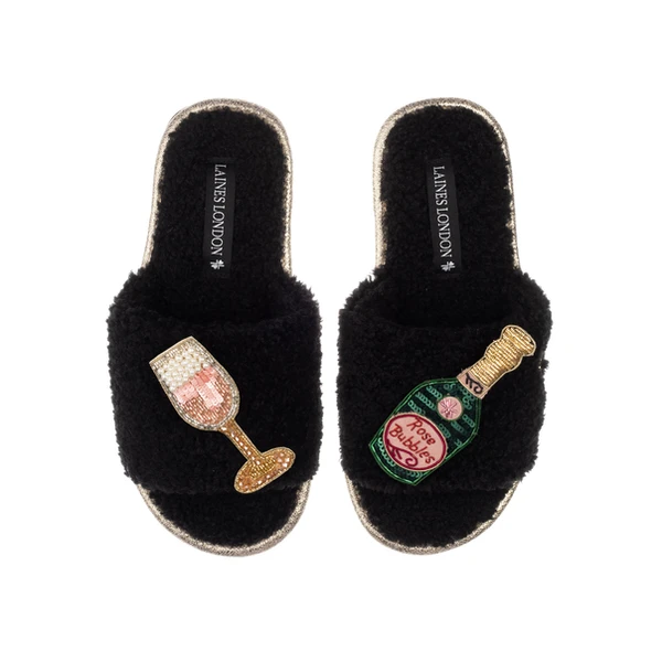 Laines London Teddy Towelling Slipper Sliders With Pink Champagne Brooches