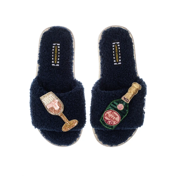 laines london Teddy Towelling Slipper Sliders With Pink Champagne Brooches