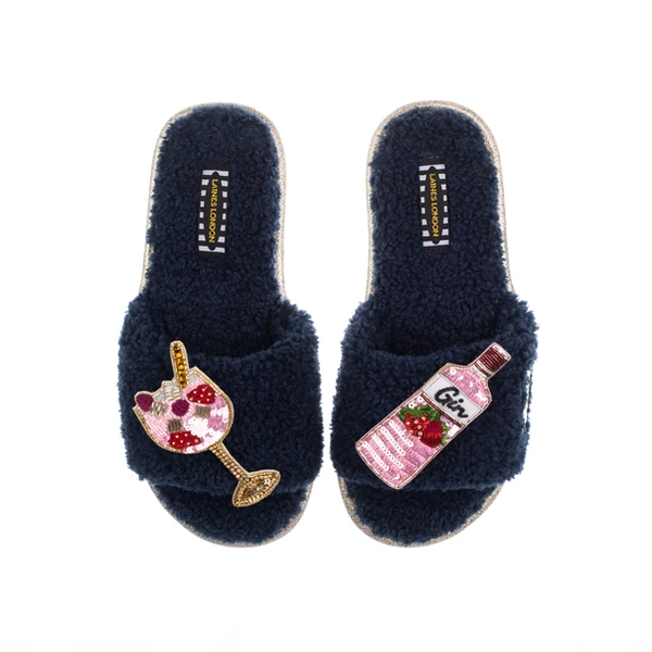 Laines London Teddy Towelling Slipper Sliders With Pink Gin & Glass Brooches
