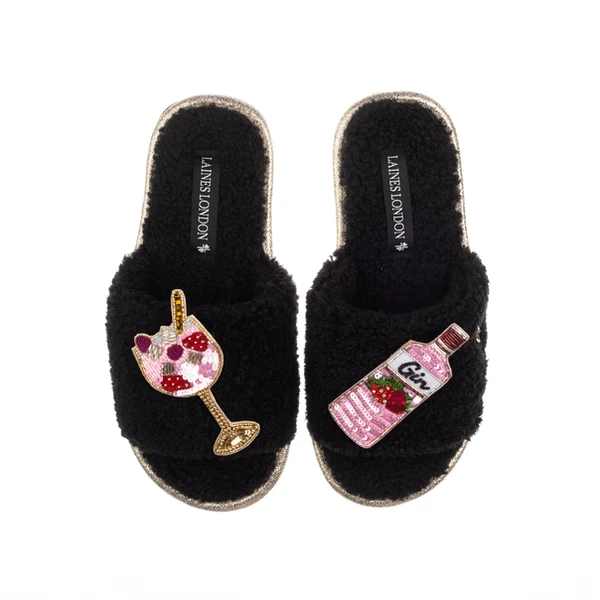 Laines London Teddy Towelling Slipper Sliders With Pink Gin & Glass Brooches