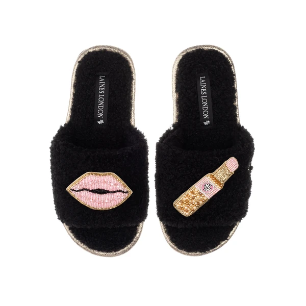 Laines London Teddy Towelling Slipper Sliders With Pink Lipstick & Lips Brooches