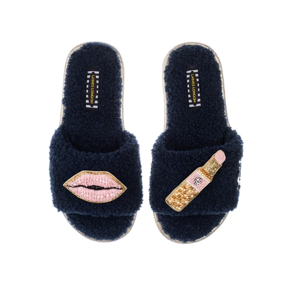 Laines London Teddy Towelling Slipper Sliders With Pink Lipstick & Lips Brooches