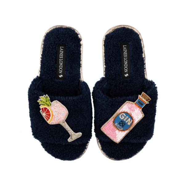 Laines London Teddy Towelling Slipper Sliders With Pink Rosa & Grapefruit Gin Brooches