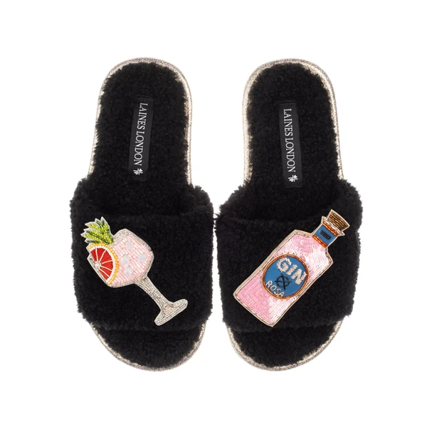 laines london Teddy Towelling Slipper Sliders With Pink Rosa & Grapefruit Gin Brooches
