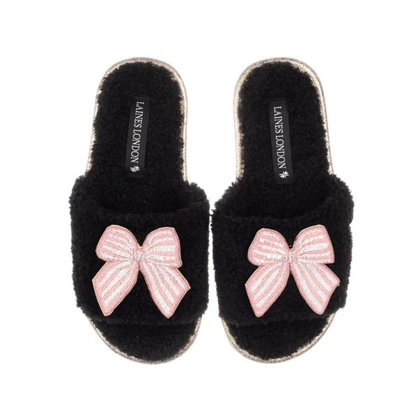 Laines London Teddy Towelling Slipper Sliders With Pink Stripe Bow Brooches