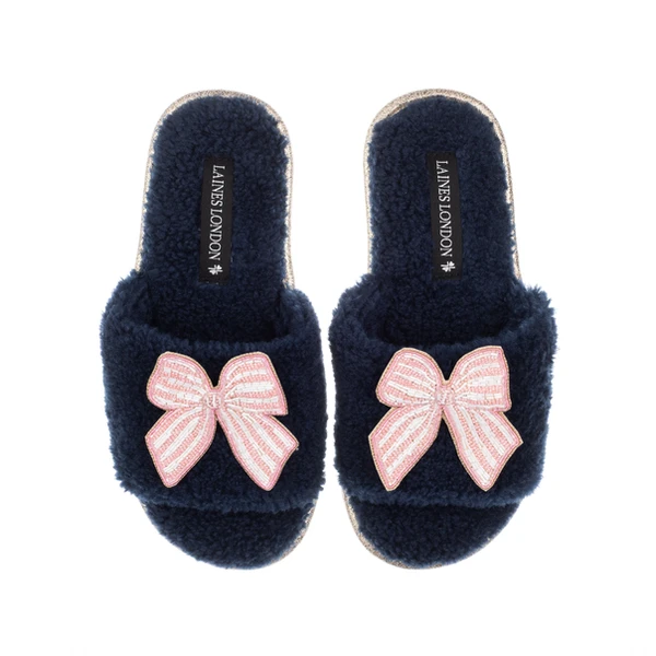 Laines London Teddy Towelling Slipper Sliders With Pink Stripe Bow Brooches