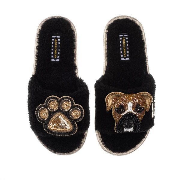 Laines London Teddy Towelling Slipper Sliders With Pip & Paw Brooches