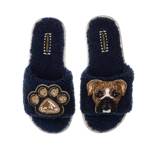 Laines London Teddy Towelling Slipper Sliders With Pip & Paw Brooches
