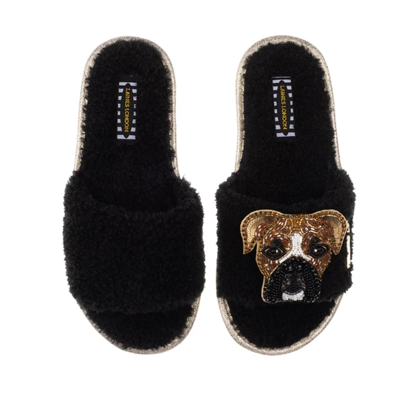 Laines London Teddy Towelling Slipper Sliders With Pip The Boxer Brooch