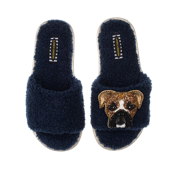Laines London Teddy Towelling Slipper Sliders With Pip The Boxer Brooch
