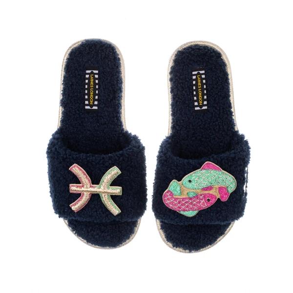 Laines London Teddy Towelling Slipper Sliders With Pisces Zodiac Brooches