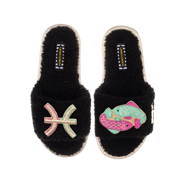 laines london Teddy Towelling Slipper Sliders With Pisces Zodiac Brooches