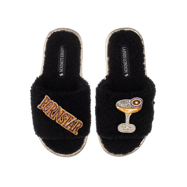 Laines London Teddy Towelling Slipper Sliders With Porn Star Martini Brooches