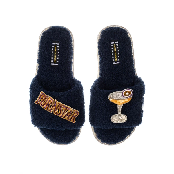 Laines London Teddy Towelling Slipper Sliders With Porn Star Martini Brooches