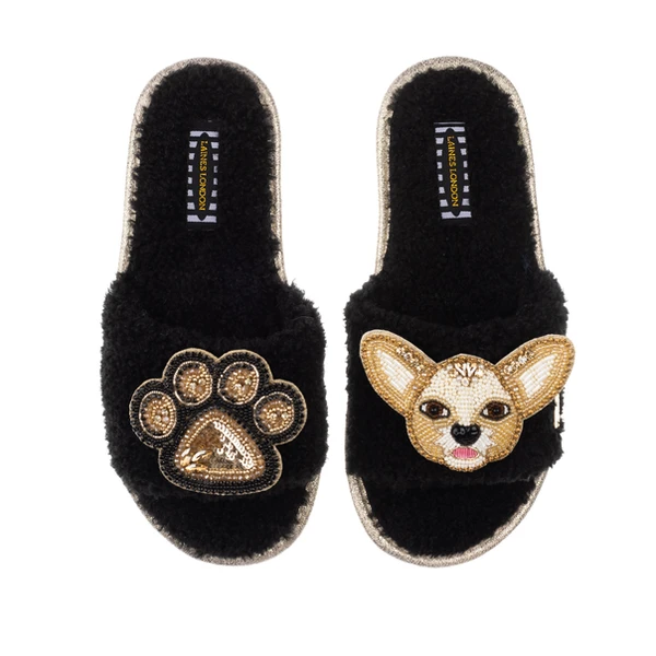 Laines London Teddy Towelling Slipper Sliders With Princess & Paw Brooches