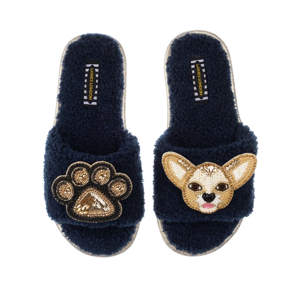 Laines London Teddy Towelling Slipper Sliders With Princess & Paw Brooches