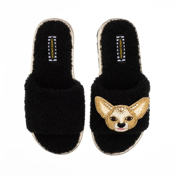 Laines London Teddy Towelling Slipper Sliders With Princess The Chihuahua Brooch