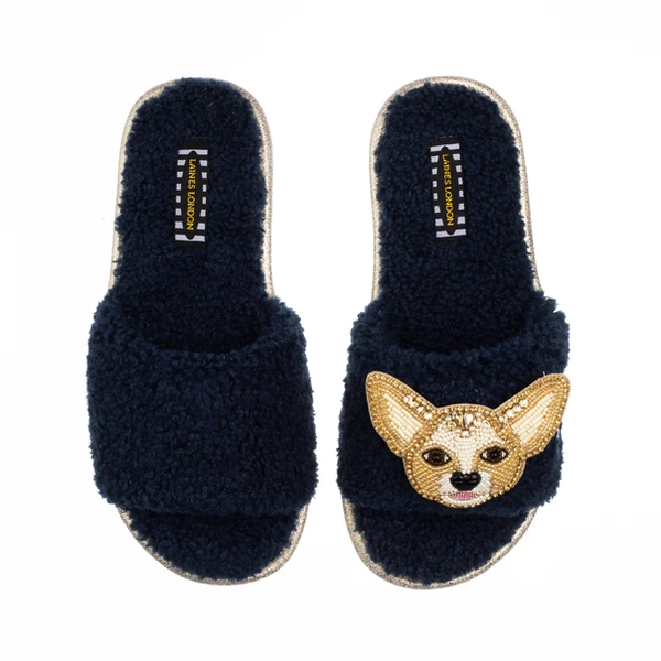 laines london Teddy Towelling Slipper Sliders With Princess The Chihuahua Brooch