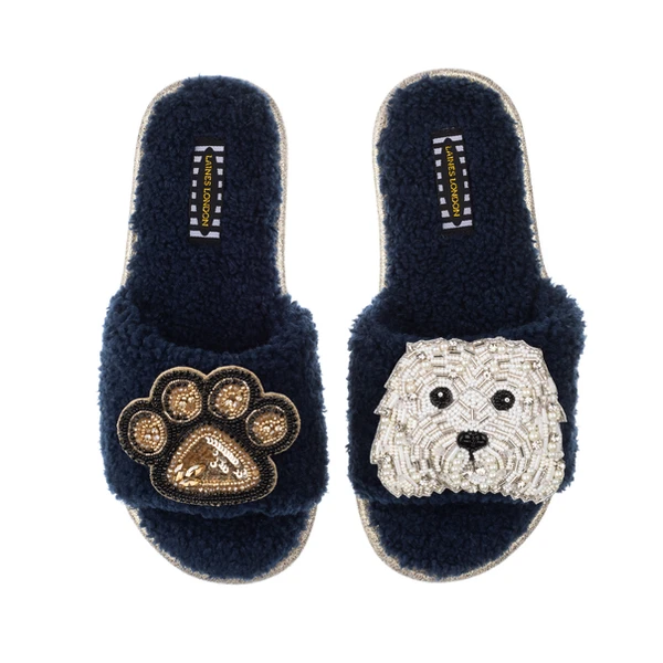 Laines London Teddy Towelling Slipper Sliders With Queenie & Paw Brooches