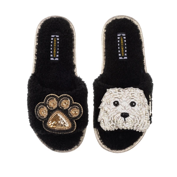 Laines London Teddy Towelling Slipper Sliders With Queenie & Paw Brooches