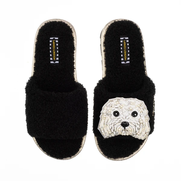 Laines London Teddy Towelling Slipper Sliders With Queenie The Bichon Brooch