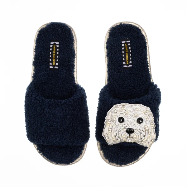 laines london Teddy Towelling Slipper Sliders With Queenie The Bichon Brooch