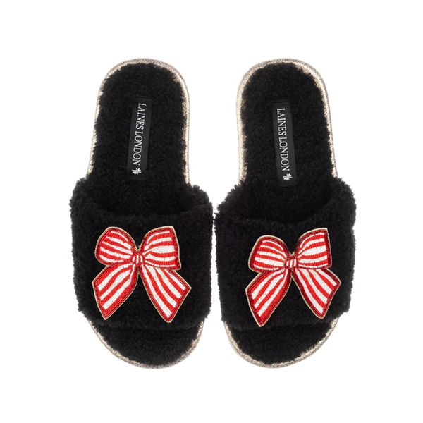 Laines London Teddy Towelling Slipper Sliders With Red Stripe Bow Brooches