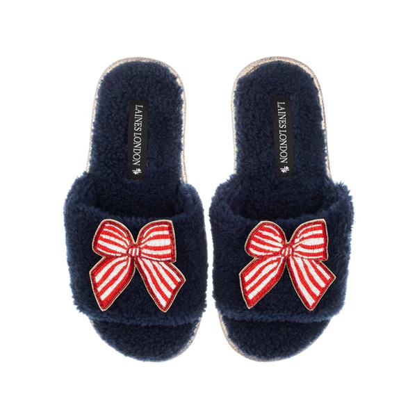 laines london Teddy Towelling Slipper Sliders With Red Stripe Bow Brooches