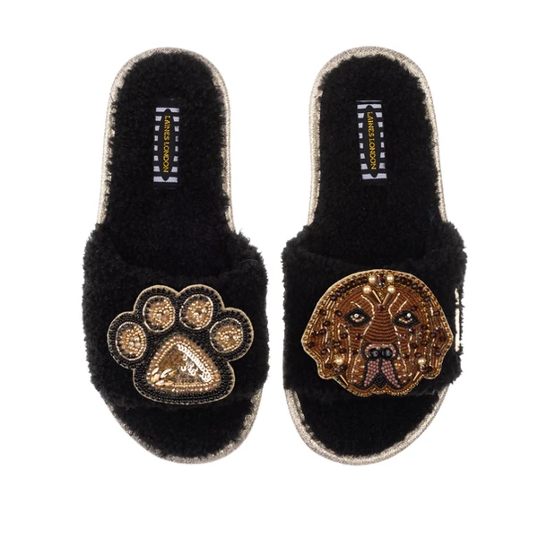 Laines London Teddy Towelling Slipper Sliders With Rocco The Chocolate Lab & Paw Brooches