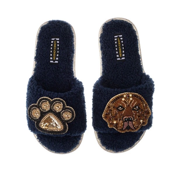 Laines London Teddy Towelling Slipper Sliders With Rocco The Chocolate Lab & Paw Brooches