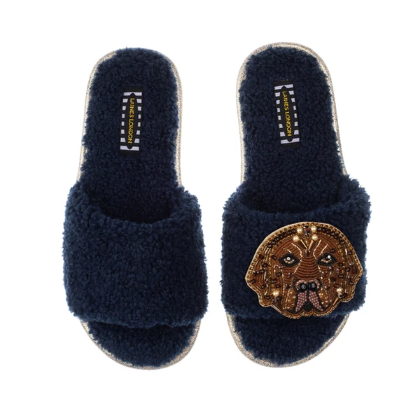Laines London Teddy Towelling Slipper Sliders With Rocco The Chocolate Lab Brooch